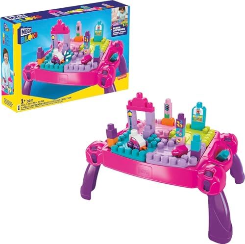 MEGA BLOKS First Builders Build 'n Learn Table Toddler Blocks Set, Pink