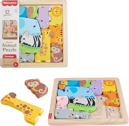 Fisher-Price Wood Animal Puzzle Toddler Toy | 12 Wooden Blocks, Fine Motor…