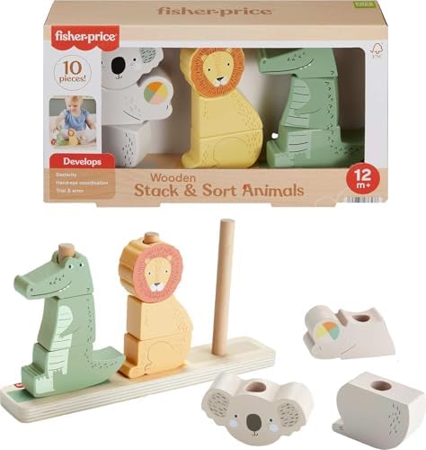 Fisher-Price Wood Baby Toy Stack & Sort Animals, 10 Wooden Pieces for…