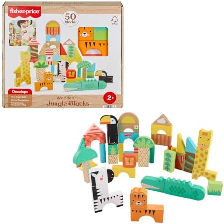 Fisher-Price Wood Jungle Blocks Set Toddler Toy | 50 Wooden Blocks, Stack &…
