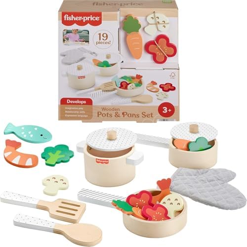 Fisher-Price Wood Kitchen Pretend Play Toy Pots & Pans Set, 19-Piece Playset…