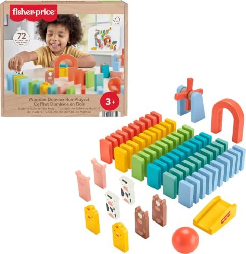 Fisher-Price Wood Preschool Game Domino Run Playset, 72-Piece Wooden Building…