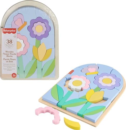 Fisher-Price Wood Preschool Toy Flower Puzzle Blocks, 38-Piece Wooden…