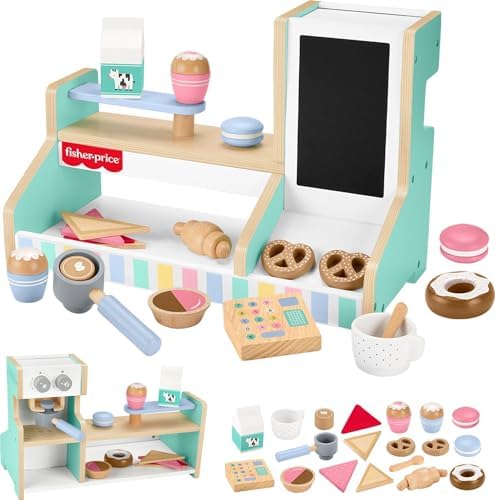 Fisher-Price Wood Pretend Play Coffee Shop & Toy Register, 20-Piece Wooden…
