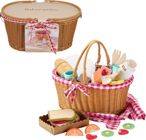 Fisher-Price Wood Pretend Play Toy Picnic Basket, 31-Piece Wooden Food…