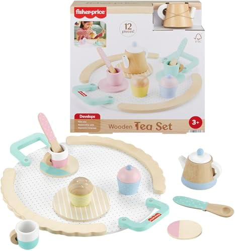 Fisher-Price Wood Pretend Play Toy Tea Set, 12-Piece Wooden Playset with…
