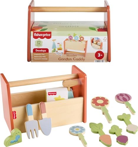 Fisher-Price Wood Tiny Garden Caddy Playset | 12 Wooden Pieces, Pretend…