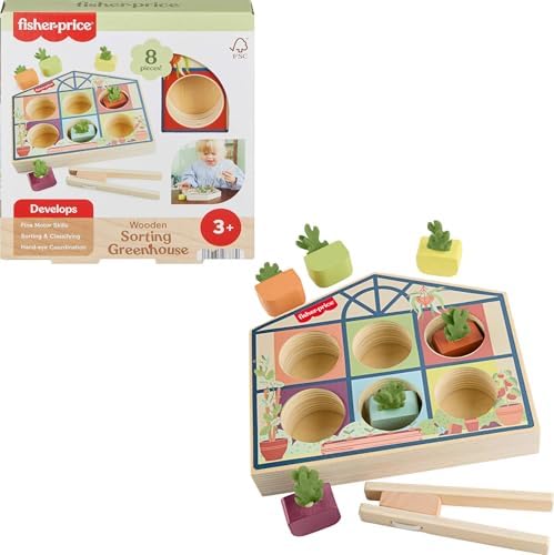 Fisher-Price Wood Tiny Garden Sorting Greenhouse Toy | 8 Wooden Pieces,…