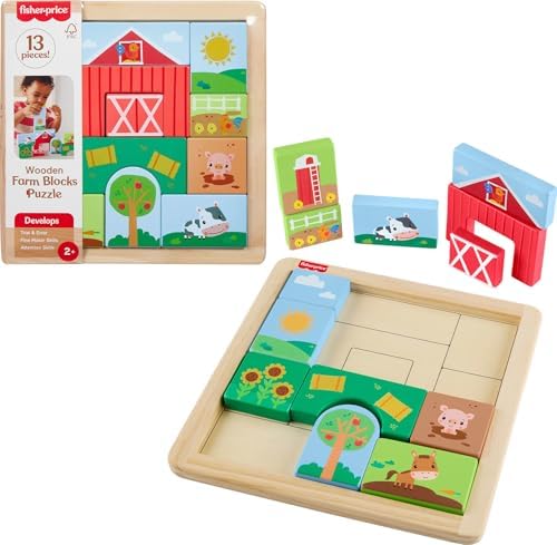 Fisher-Price Wood Toddler Toy Farm Blocks Puzzle, 14-Piece Wooden Activity…